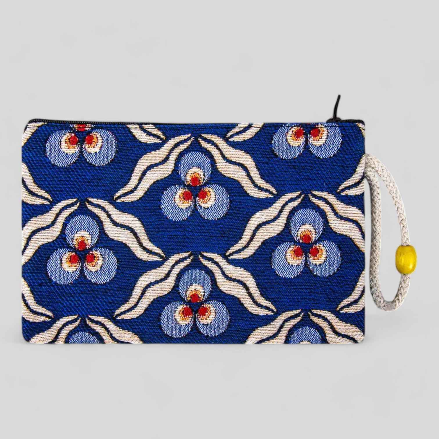 Authentic Kilim Fabric Blue Three Evil Eye Floral Berry Design Zipper Clutch Purse, Turkish Carpet, Pouch, Coin Purse, Wallet, Small Storage